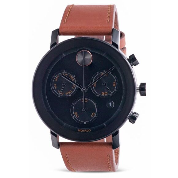 Movado Bold Evolution Black Ion Chronograph Cognac Brown Leather Mens Watch - Picture 1 of 3